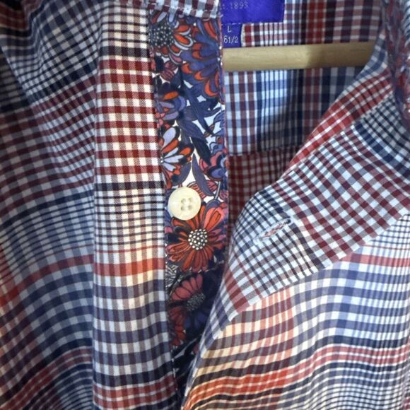 Tallia Men Button Up Shirt L 16.5 Plaid Floral Long Sleeve Colorful Spring Corp - Picture 5 of 11